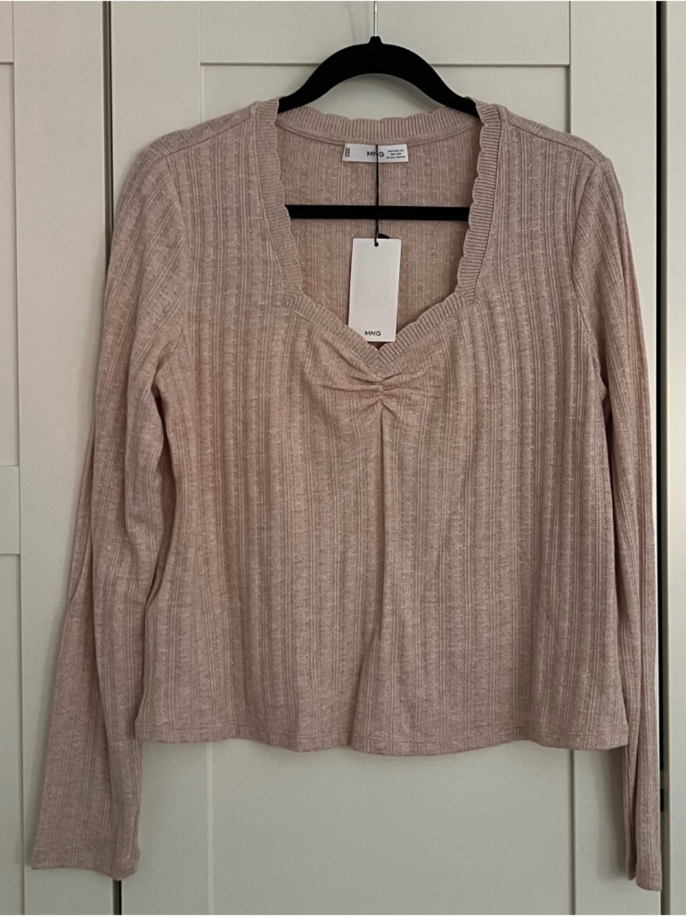 Mango Light Pink Ribbed V-Neck Long Sleeve Top